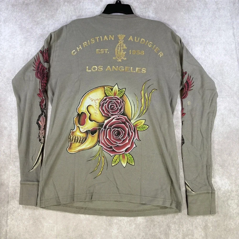 Christian Audigier Thermal Shirt Men Large Gray Snake Eagle Skulls Battle Y2K